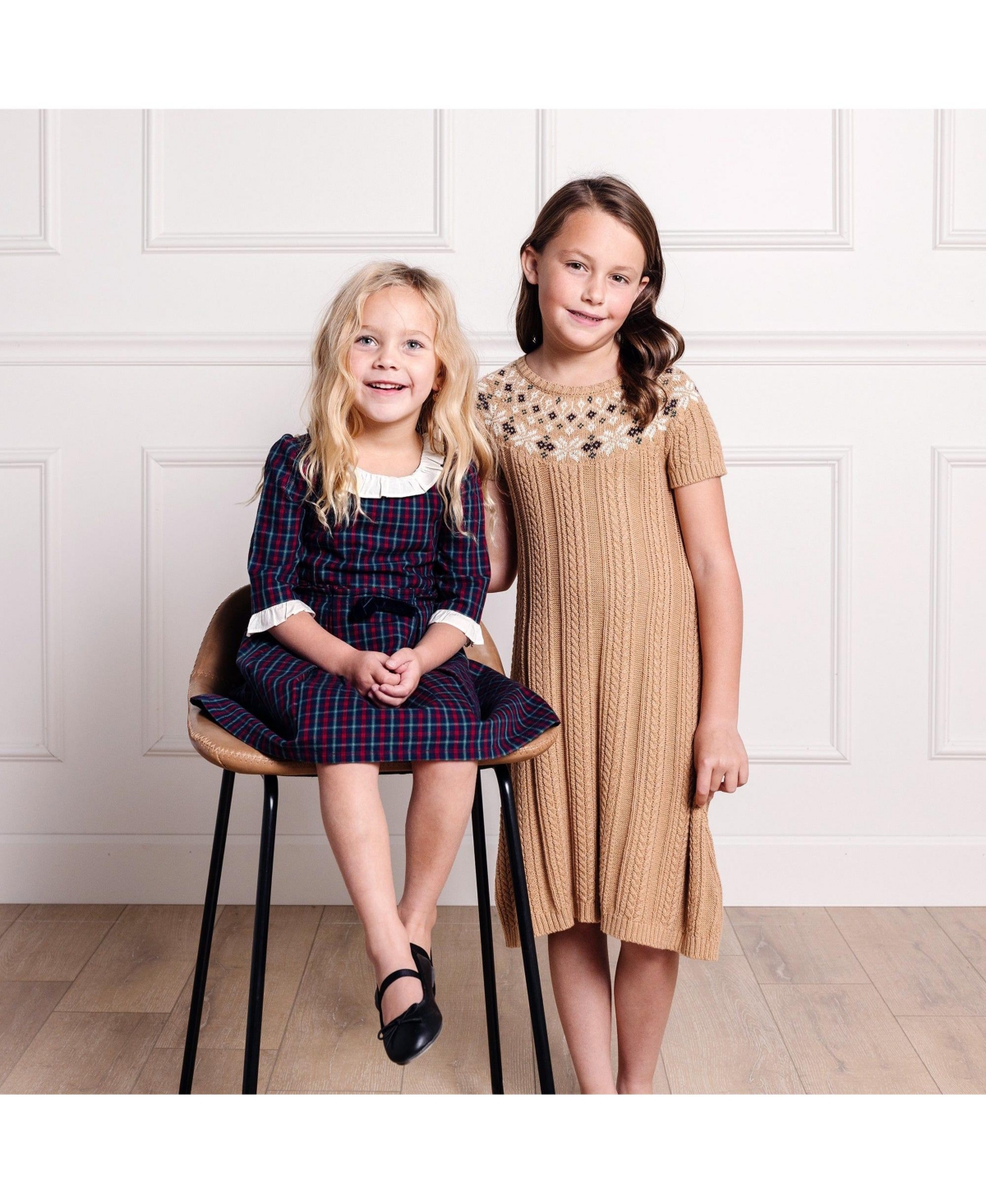 Hope & Henry Big Girls Short Sleeve Fair Isle Cable Sweater Dress