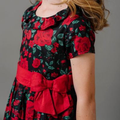 Little Girls Short Sleeve Ruffle Collar Party Dress with Bow, Toddler|Child