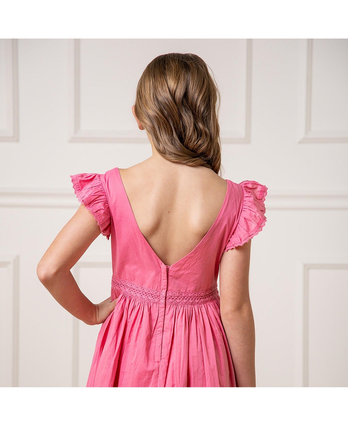 Hope & Henry Girls' Flutter Sleeve Tiered Maxi Dress with Crochet Trim, Kids