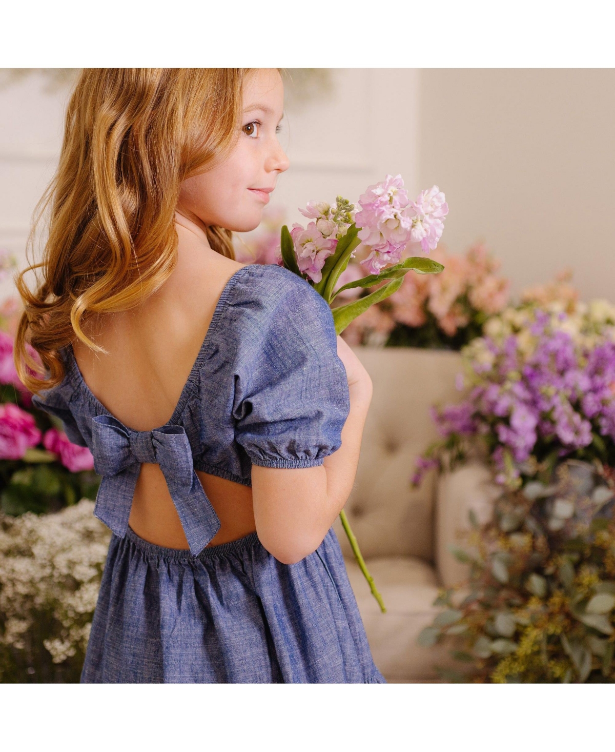 Hope & Henry Girls' Short Bubble Sleeve Crochet TrimDress, Toddler - Chambray