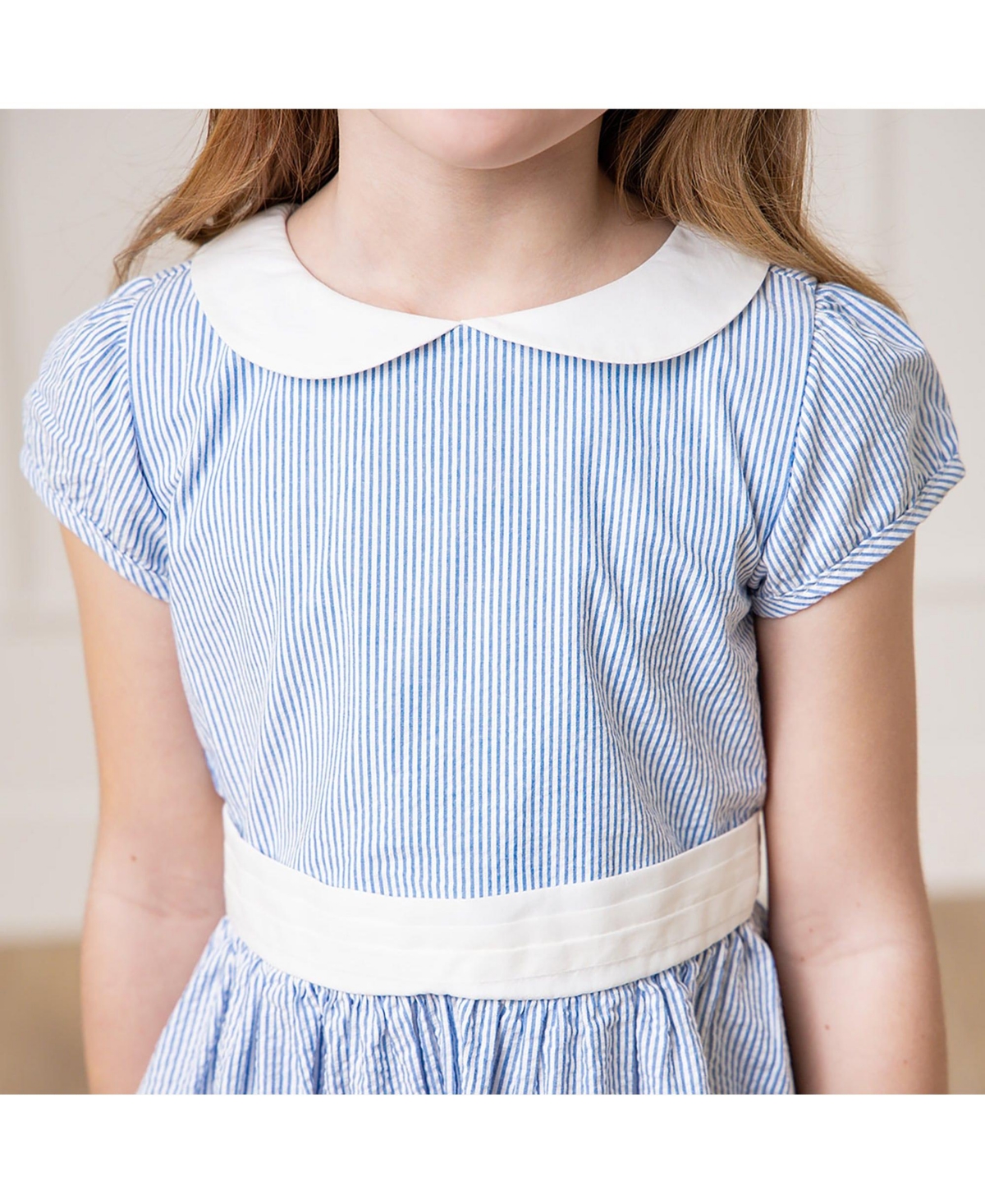 Hope & Henry Girls' Short Sleeve Seersucker Dress with Peter Pan Collar, Kids