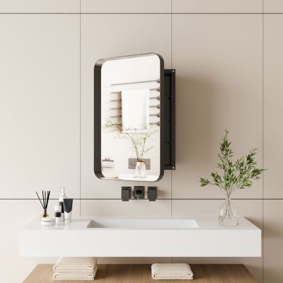 Recessed Black Metal Medicine Cabinet with Mirror and Shelves