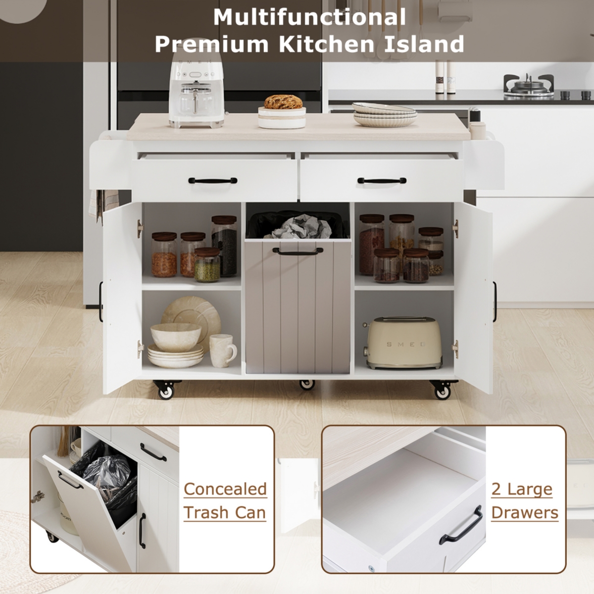 Streamdale Multipurpose Kitchen Island with Tilt-Out Trash Can