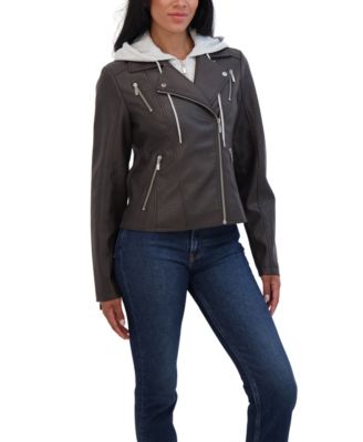 Women's Faux Leather Biker Jacket With Removeable Hood Bib