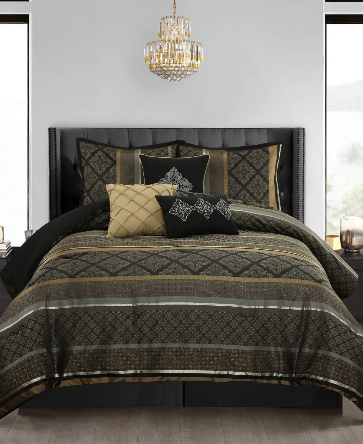 Stratford Park Tefia Jacquard Damask 7-pc. Comforter Set, Queen In Black Gold
