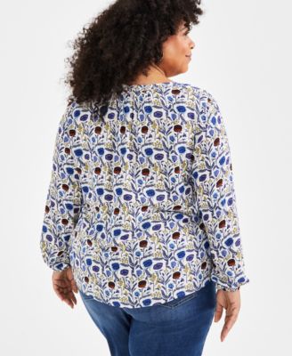Plus Size Printed Split-Neck Popover Blouse, Created for Style & Co