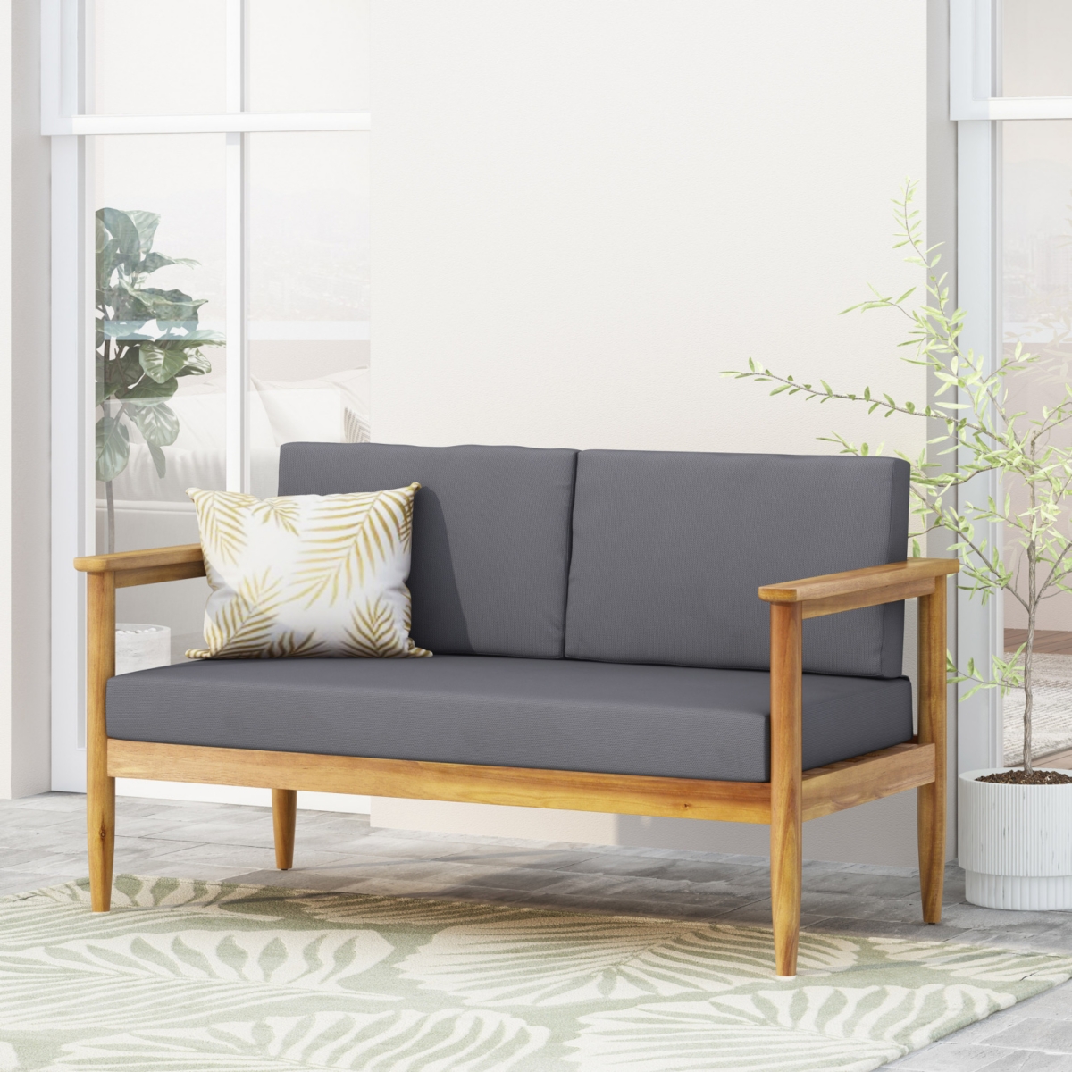 Streamdale Furniture Acacia Wood Loveseat With Water-Resistant Cushions And Slat Design