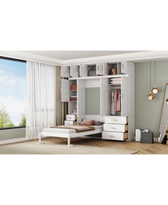 Twin Size Murphy Bed with Lockers & Wardrobes, White