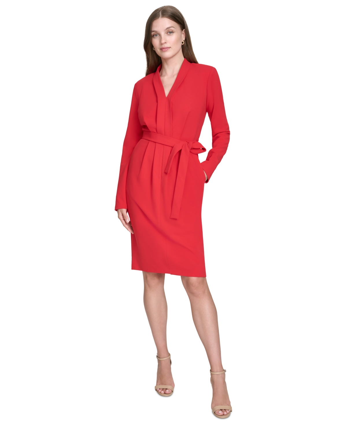 Halston Women's V-Neck Belted Long-Sleeve Sheath Dress
