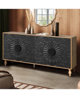 Black Carved Symmetrical Door with Wood Frame