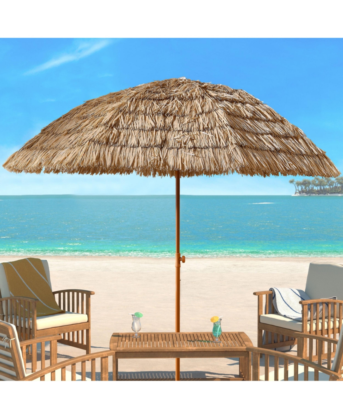 8' Thatch Tiki Umbrella, Hawaiian Hula Beach Umbrella - Brown