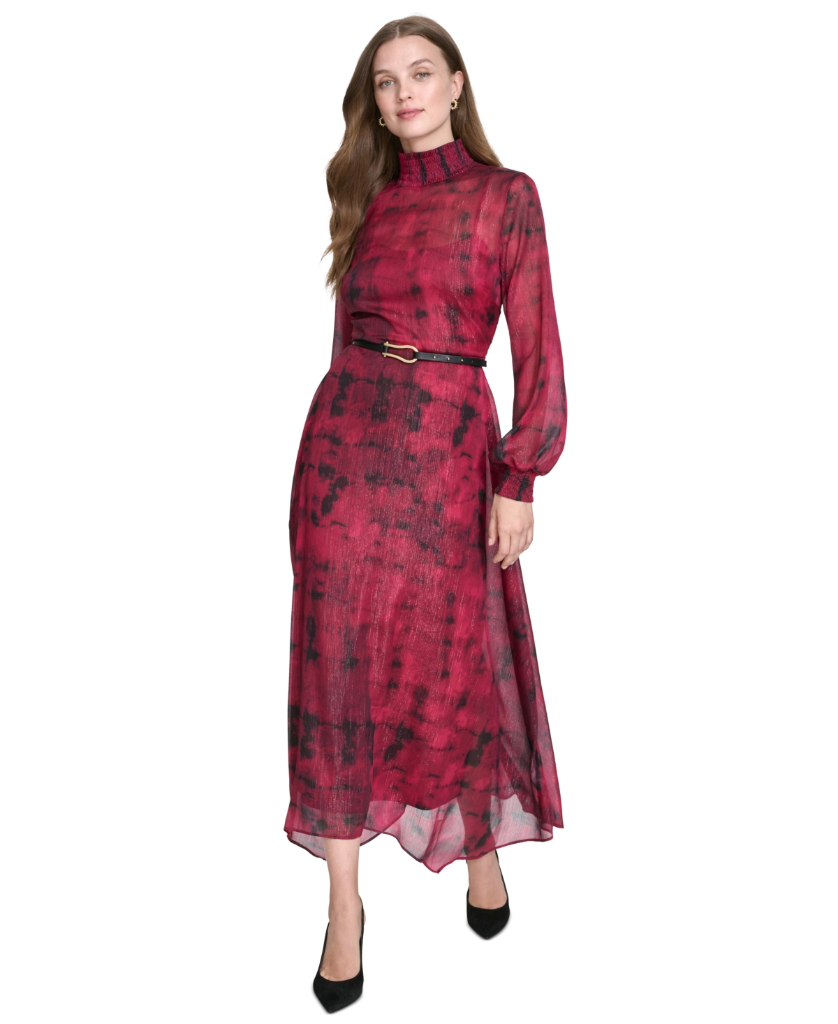 Halston Women's Mock-Neck Belted Chiffon Maxi Dress