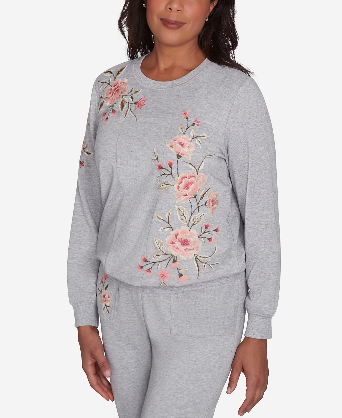 Alfred Dunner Casual Fridays Women's Cozy Floral Embroidered Long Sleeve Top