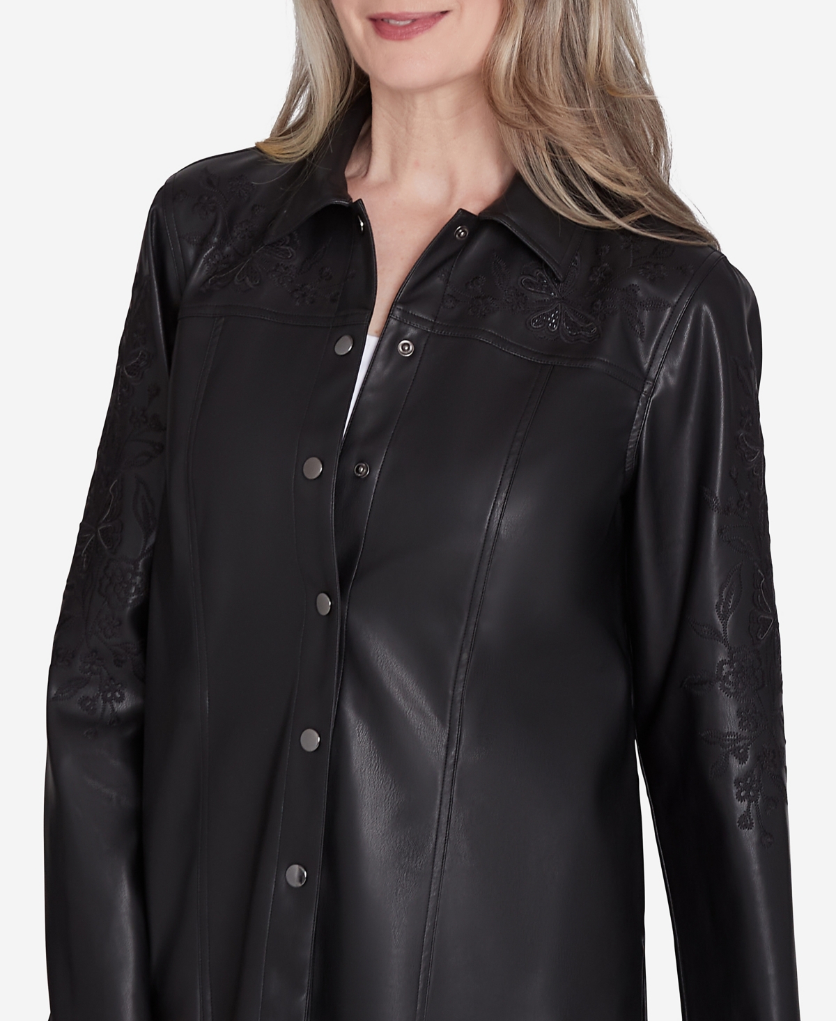 Alfred Dunner Petite Runway Ready Floral Embroidered Faux Leather Jacket In Black