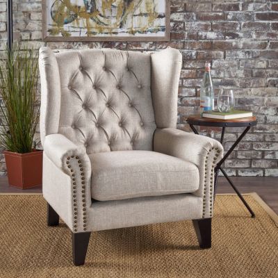Single Piece Fabric Antique-Style Tufted Accent Chair With Decorative Trim