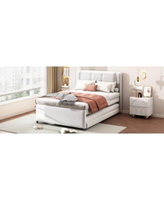 Beige Upholstered Platform Bed with Trundle