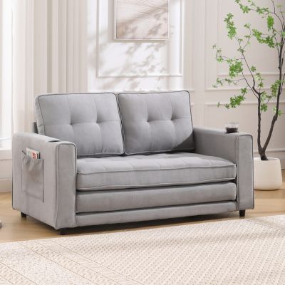 Streamdale 3-in-1 Tufted Futon Sofa Bed with Side Pockets and Cup Holders