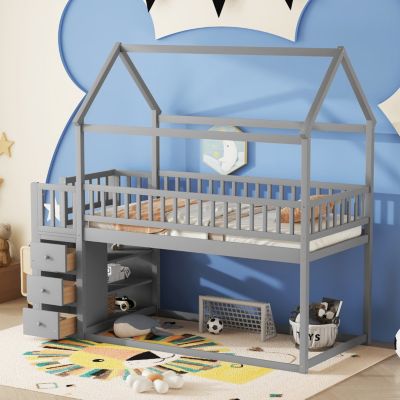 Simplie Fun Twin House Bunk Bed with Storage and Play Area in Gray