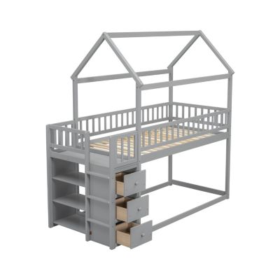 Simplie Fun Twin House Bunk Bed with Storage and Play Area in Gray