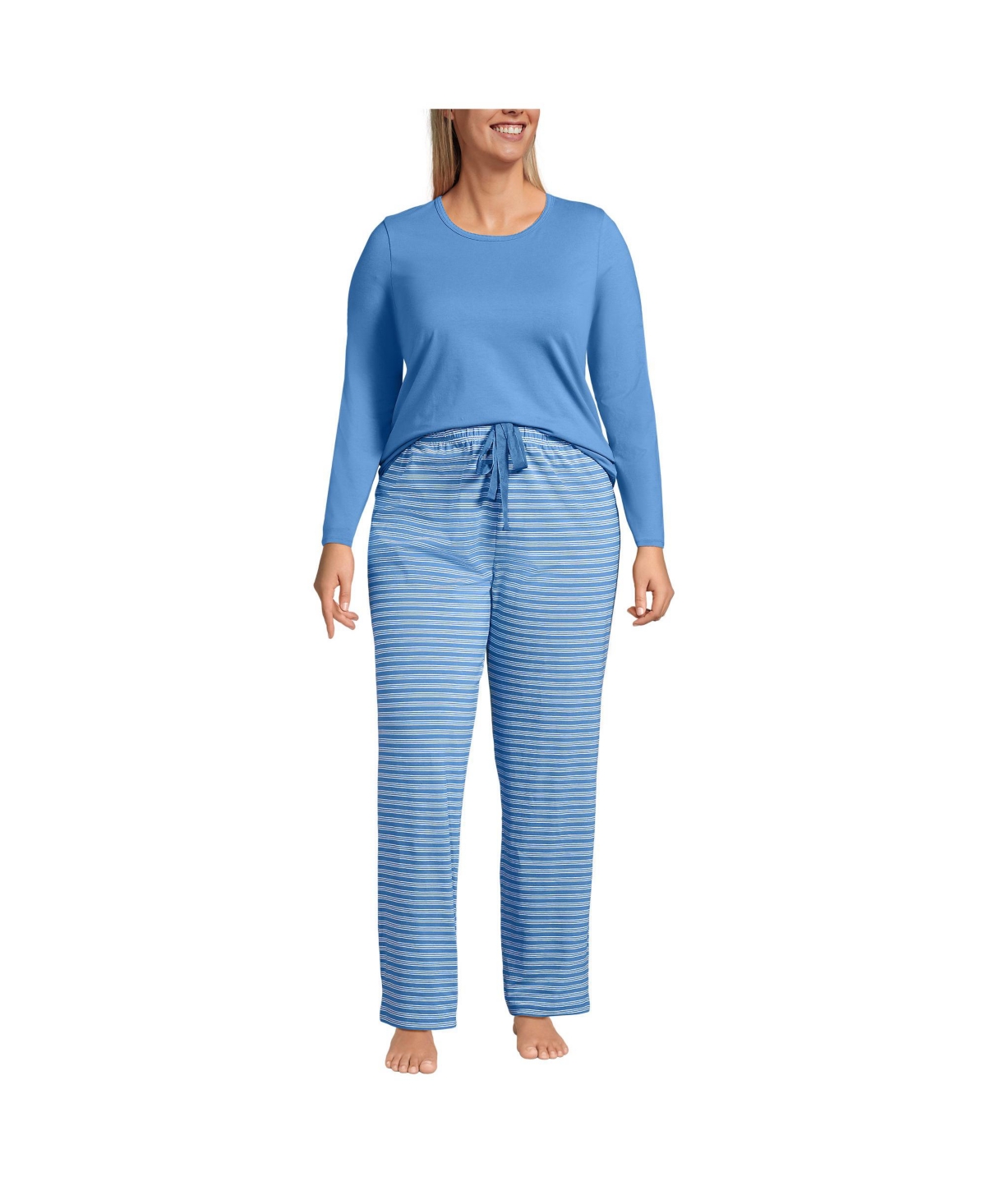 Plus Size Knit Pajama Set Long Sleeve T-Shirt and Pants - Clear blue/white stripes