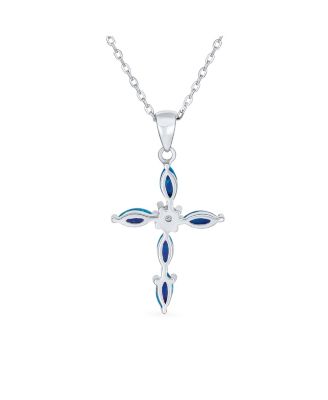 Religious Faith Hope Love CZ Accent Created Blue Synthetic Opal Cross Pendant Necklace Sterling Silver