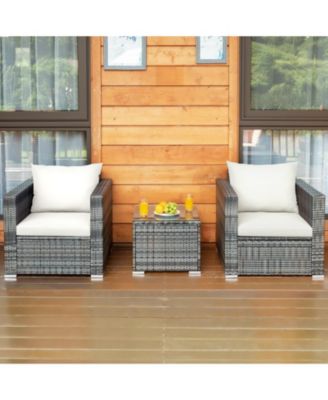 3 Pieces Patio Rattan Furniture Bistro Sofa Set with Cushioned