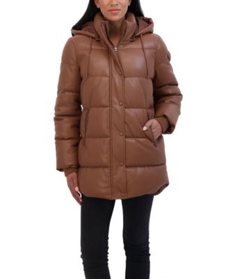 Women's Faux Leather 3/4 Puffer Jacket With Hood