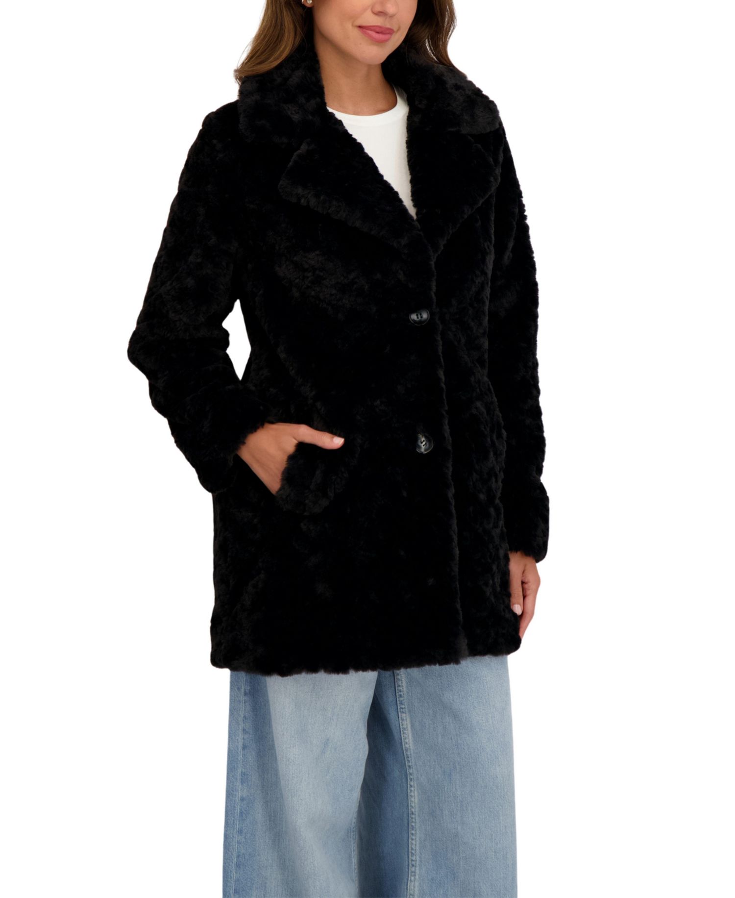 Women's Crushed Faux Fur Button Front Coat