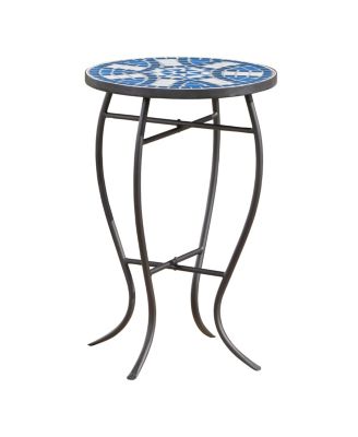 Streamdale Blue And White Ceramic Tile End Table With Matte Black Iron Frame