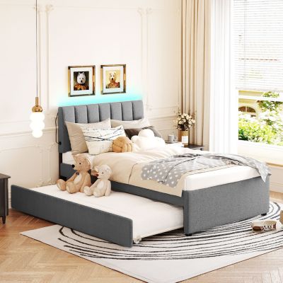 Streamdale Teddy Fleece Twin Platform Bed with Trundle, LED Lights, Beige