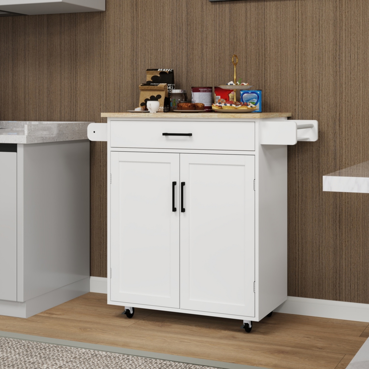 Kitchen Island Cart with Drawer, Doors, Shelves, Towel Rack, Seasoning Rack