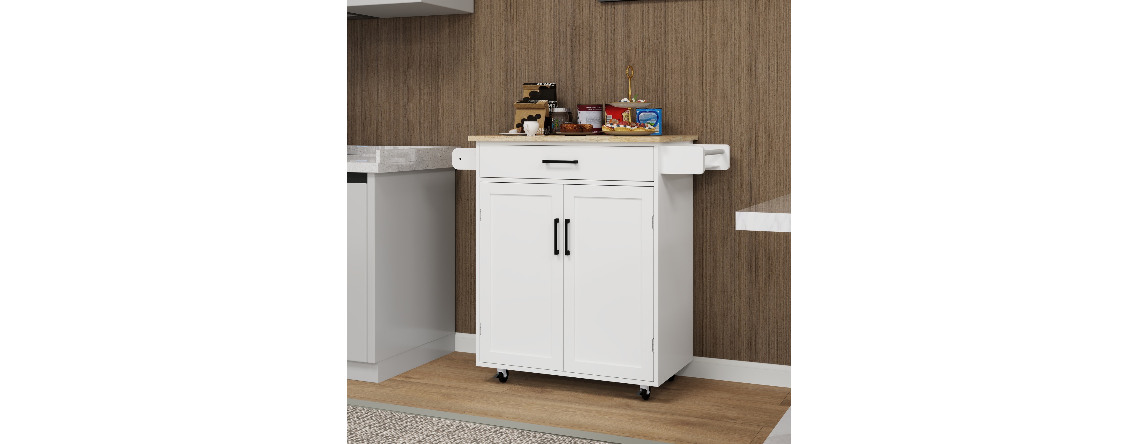 Kitchen Island Cart with Drawer, Doors, Shelves, Towel Rack, Seasoning Rack