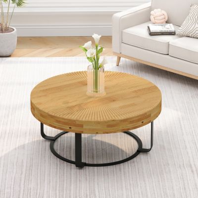 Modern Round Coffee Table with Carved Pine Top and Metal Legs