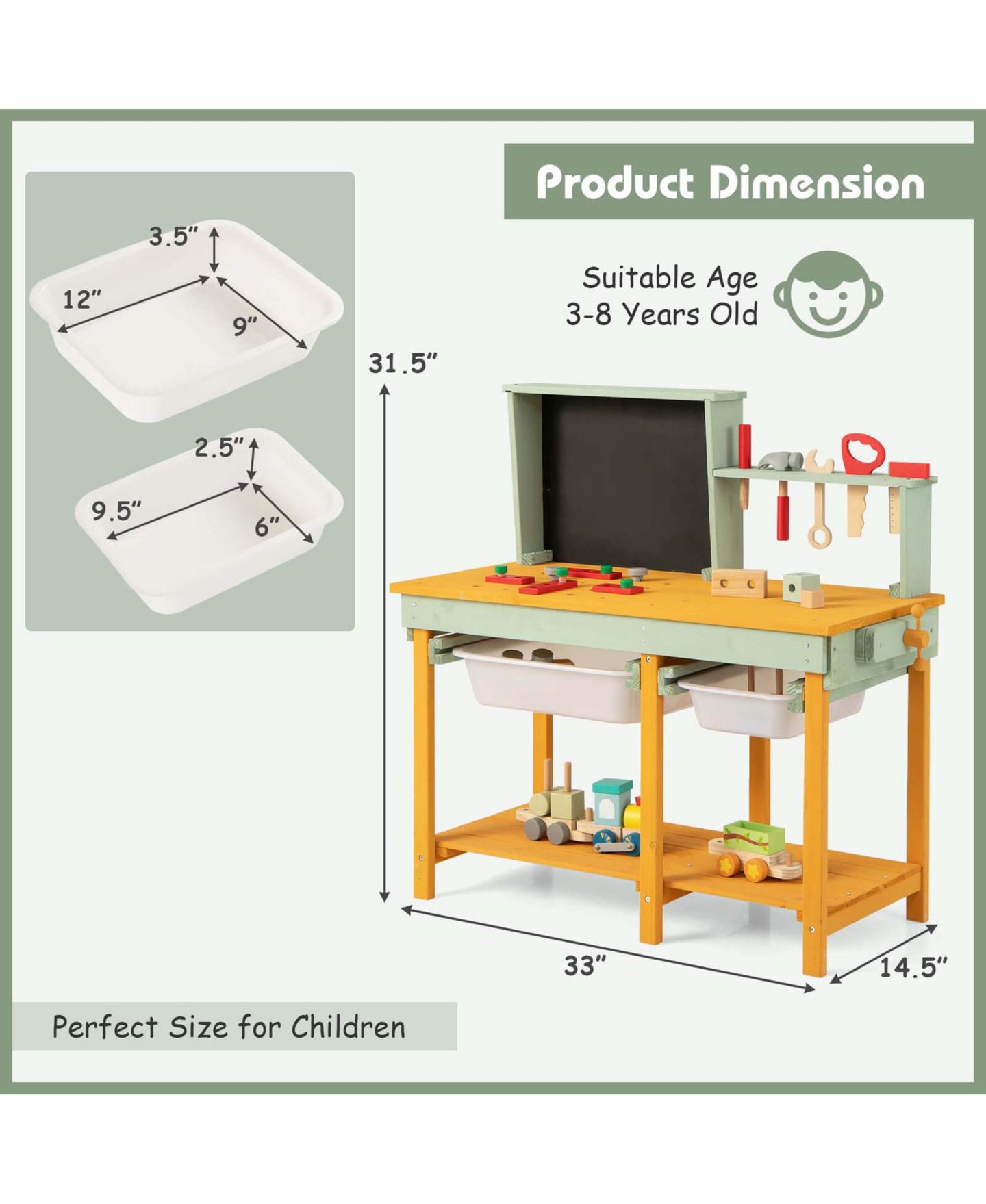 Детская игрушка Costway Kids Wooden Toy Workbench with Storage Space Blackboard Tool, цвет: Коричневый — фото 8
