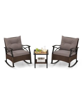 3-Piece Outdoor Rattan Rocking Chairs Set with 2-Tier Side Table for Garden and Backyard
