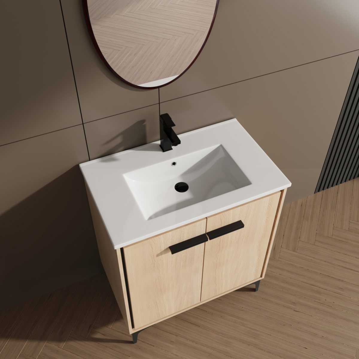 30&#x22; Bathroom Vanity with Storage Cabinet, Engineered Wood - Oak