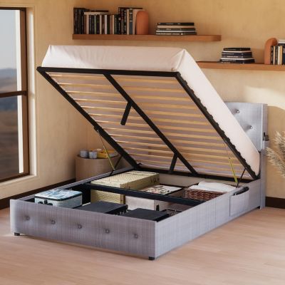 Full-Size Bed Frame with Storage, USB Ports, Modern Wingback Headboard