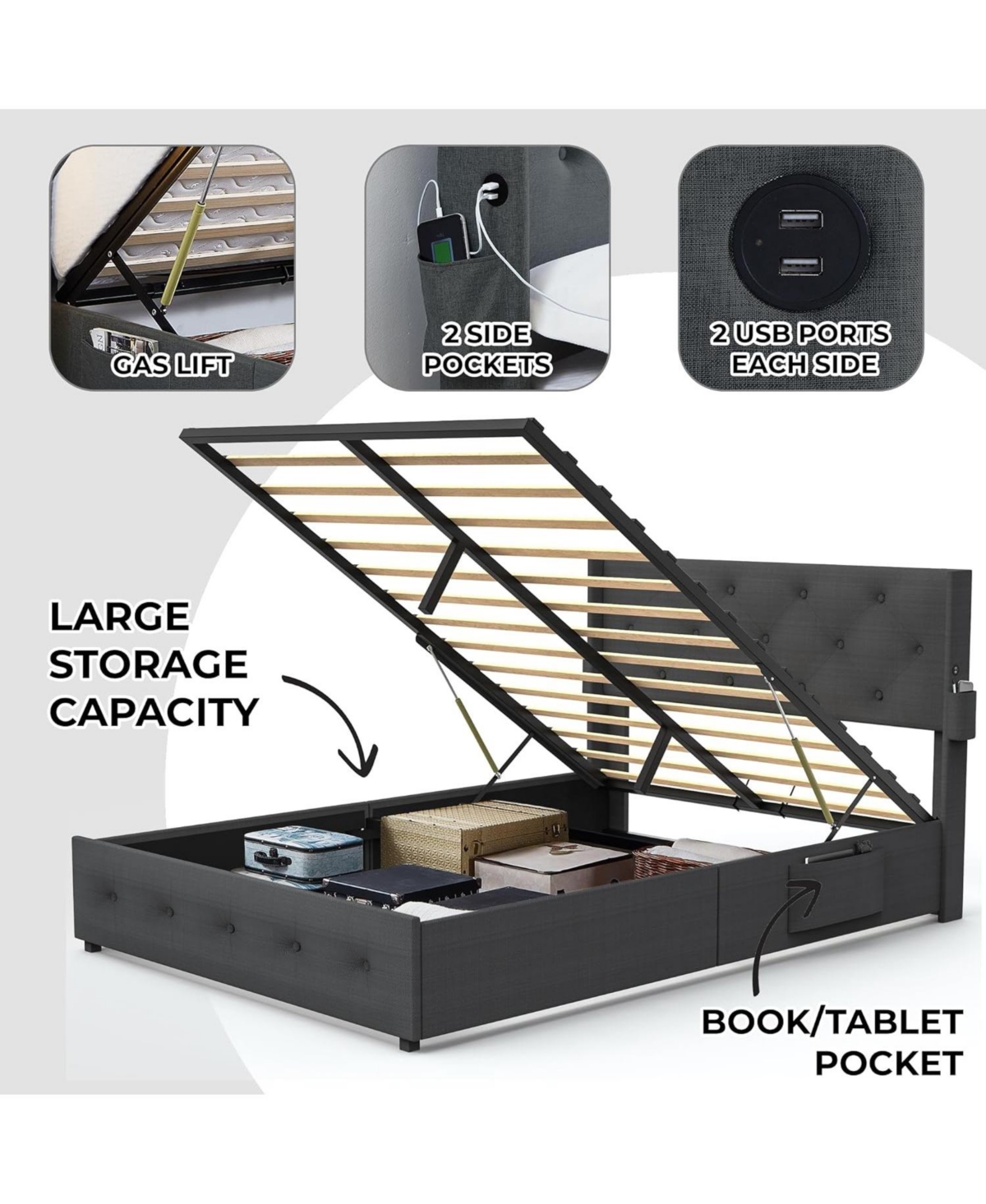 Streamdale Furniture Full-Size Bed Frame with Storage, Usb Ports, Modern Wingback Headboard