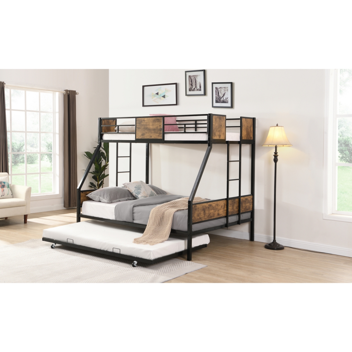 Streamdale Furniture Twin Over Full Bunk Bed with Trundle, Guardrails, Storage - Black+brown
