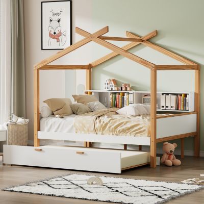Twin House Bed with Trundle & Bookshelves