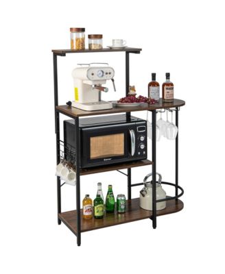 Kitchen Bakers Rack Microwave Stand Coffee Bar w/ S-Hooks & Stemware Holder
