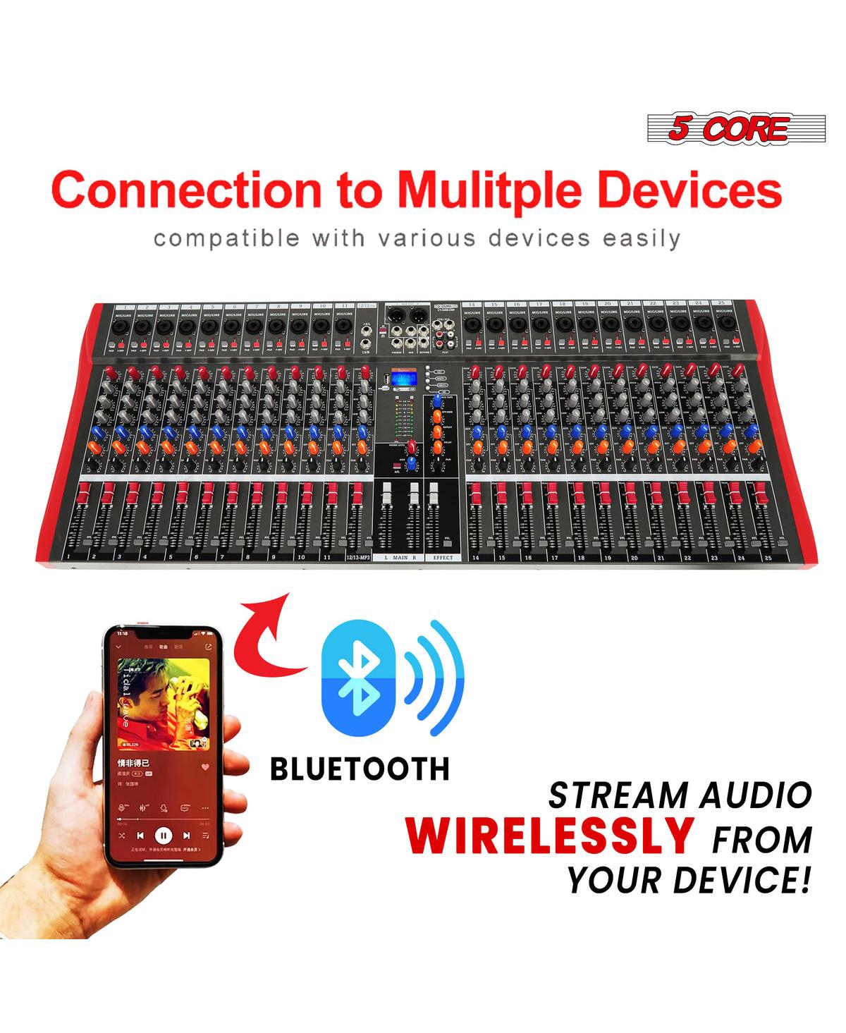 5 Core Audio Mixer 24 Channel Dj Controller Professional Sound Board Bluetooth Usb Mx 24CH