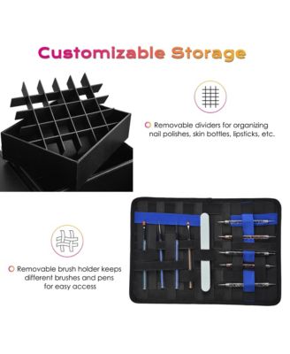 Rolling Makeup Train Case Patented Design Pedicure Nail Salon Nail Foldable Trolley Cosmetic Organizer Black with Stool