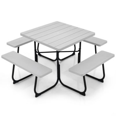 Patio Picnic Table Set with Four Benches and Umbrella Hole
