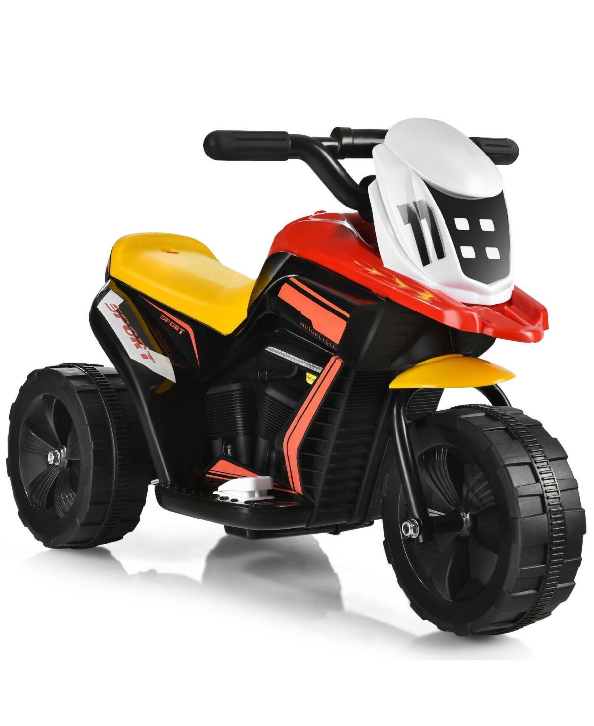 Slickblue 6V 3-Wheel Electric Ride-On Toy Motorcycle Trike with Music and Horn - Red, Yellow