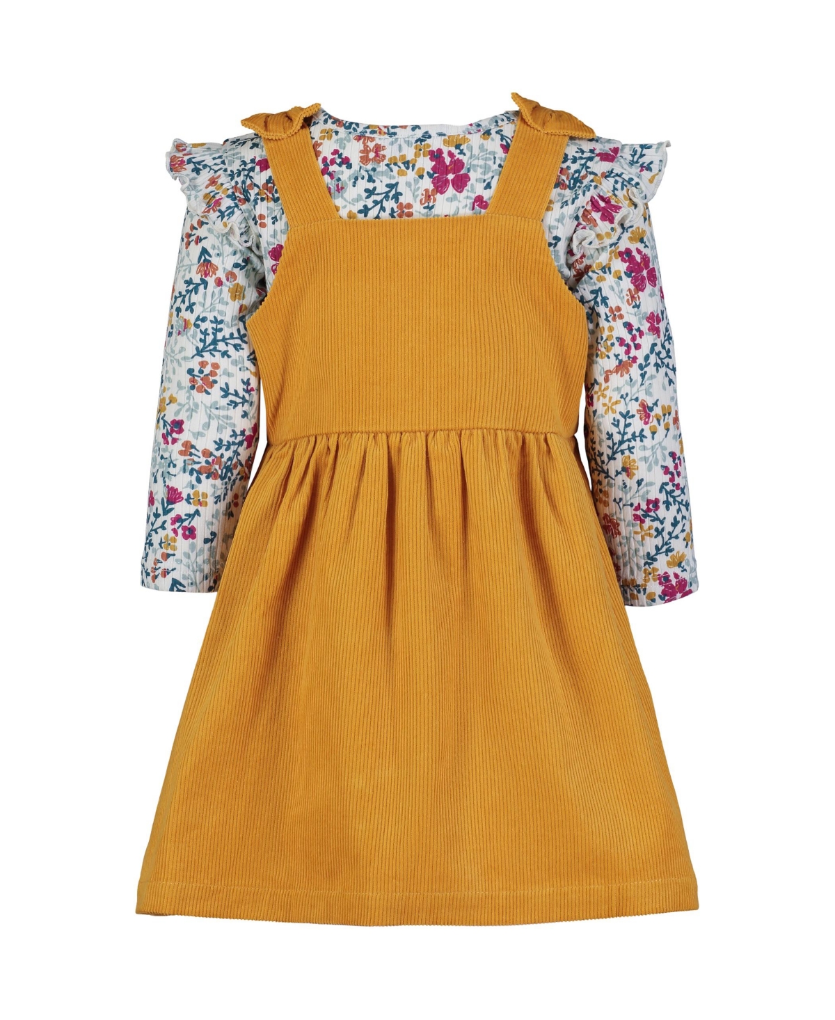 Blueberi Boulevard Baby Girls Flutter Trim Floral Top and Ribbed Fit-and-Flare Buttoned Jumper Set