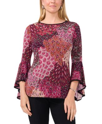 Sam & Jess - Petite Contrast-Trim Bell-Sleeve Top