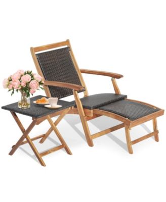 2 Pieces Patio Rattan Folding Lounge Chair with Acacia Wood Table