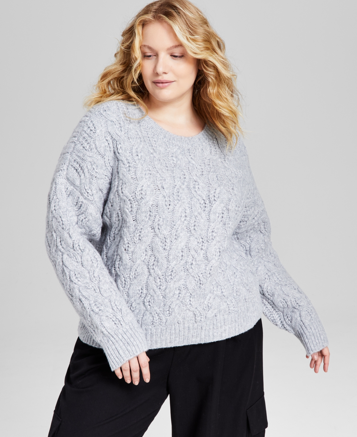 Trendy Plus Size Cable-Knit Crewneck Sweater - Casual Gre