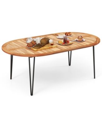 79 Inch Oval Patio Dining Table with Umbrella Hole and Acacia Wood Tabletop for 8 People